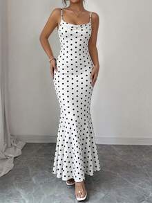 Women's Summer Dress, Polka Dot Spaghetti Strap Cowl Neck Bodycon Wedding Cocktail Mermaid Maxi Dress - 白底黑點 - 查看 2