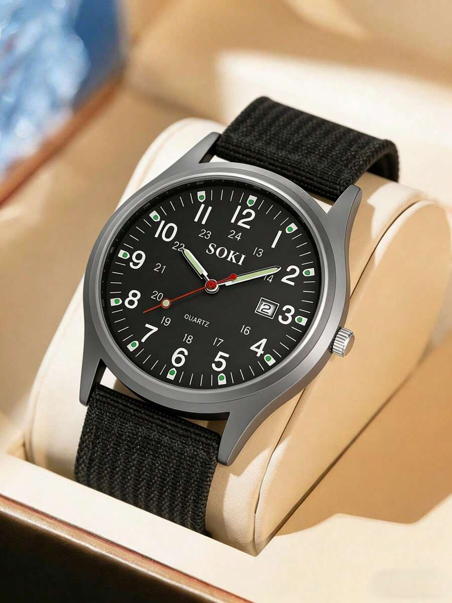 SOKI SOKI Men's Watch With Calendar Function And Luminous Hands. This Casual Sports Quartz Watch Features A Round Numeric Dial, Making It Very Suitable For Daily Wear. It Is Also An Ideal Choice For Birthdays, Parties, And Holiday Gatherings. It Makes A Great Gift For Yourself Or Your Friends (Packaging Not Included). - Black - View 1