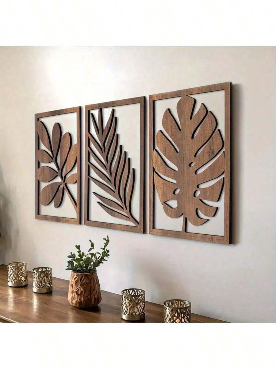 3pcs Set Vintage Wooden Leaf Wall Art, Easy To Install, Reusable, Matte Finish, Suitable For Decorating Living Room, Bedroom And Office | Vintage Wall Art | Wooden Frame Wall Art, Wall Decor - Mocha Brown - View 1