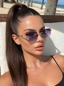 1件女款無框邊緣長方形小框海洋切片多巴胺Y2K金屬復古波希米亞度假裝飾時尚眼鏡，適合海灘、海邊、街拍、約會、開車、徒步、戶外活動，中性美學 - 彩色 - 查看 2