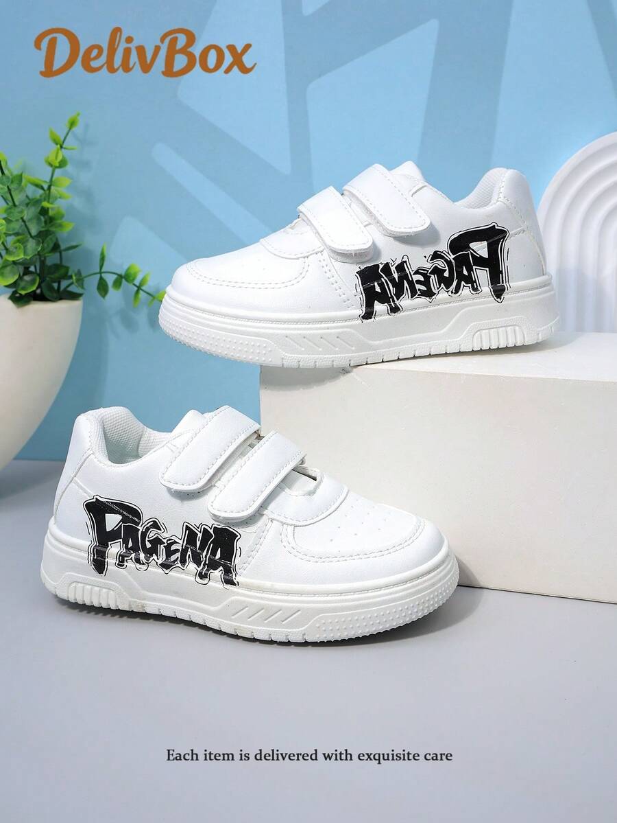 女童白色涂鸦魔术贴休闲运动鞋,透气防滑街头风童鞋 - 白色 - 查看 1