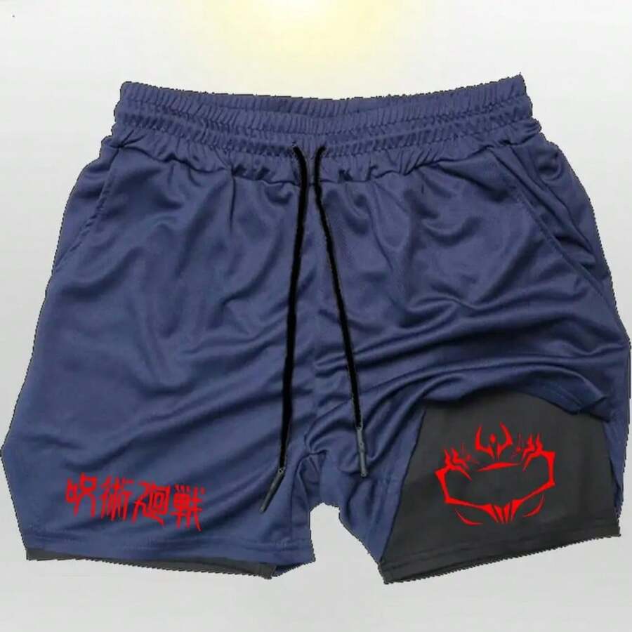 Compression Shorts Men Fitness Gym Running Double Layer 2-In-1 Short Pants Rashgard Performance Anime YPH7 - xanh hải quân-Đen-2 - Xem 1
