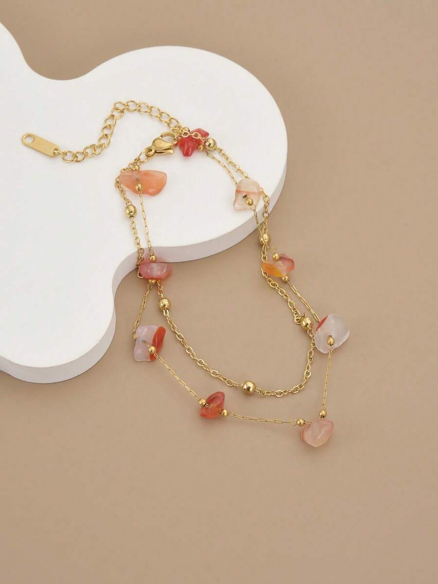 1 chiếc lắc chân bằng thép không gỉ hai lớp đính đá màu nâu thời trang dành cho nữ, thiết kế quả cầu vàng nhỏ, phong cách Bohemian, trang sức vàng, mùa hè, trang sức thép không gỉ, lắc chân, kỳ nghỉ biển, lễ hội - màu nâu - Xem 1