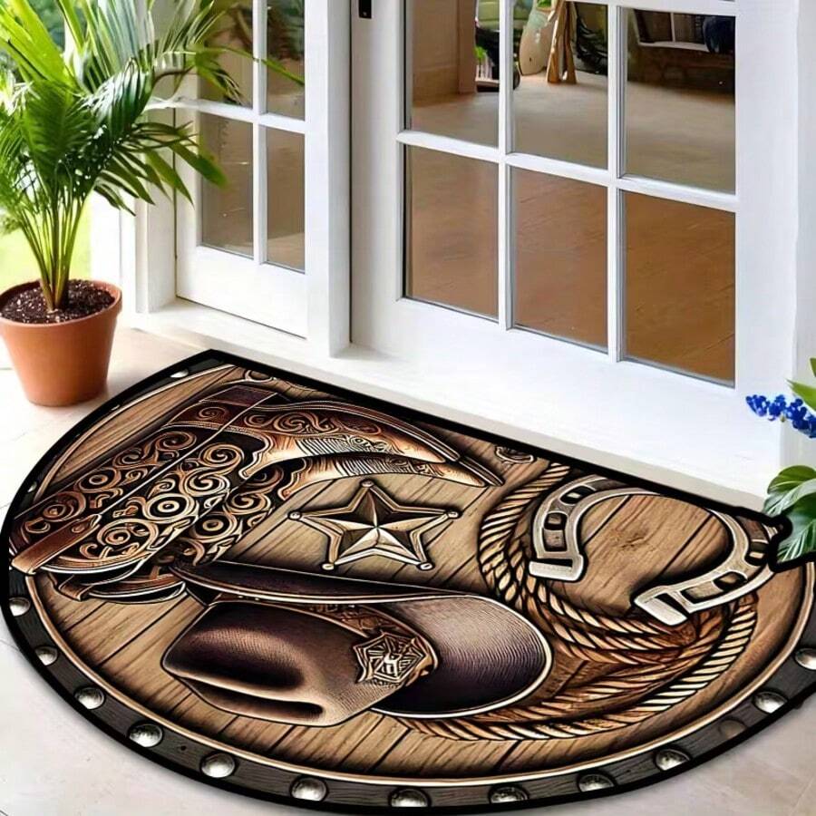 1pc Western Cowboy Half-Round Doormat, Doormat, Small Rug, Welcome Mat, Carpet, Floor Mat, Outdoor Doormat, Kitchen Rug, Home Decor, Front Door Mat, Area Small Rug, Outdoor Mat, Home Decor, Area Rug, Garden Rug, Washable Carpet - Multicolor - View 1