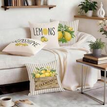4 Stück erfrischende gestreifte Zitronen-Themen Pfirsich-Samt einseitig bedruckte Kissenbezüge, 100% Polyester, Wohnzimmer Sofa Schlafzimmer Dekoration, nur Kissenbezüge, 40x40cm/45x45cm/50x50cm - Mehrfarbig 06 - Übersicht 8