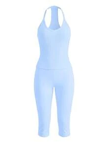 LovelyWholesale Women's Casual V-Neck Ribbed Knit Tank Top And Fitted 7/8 Pants 2 Pieces Set, Summer Black - Baby Blue - View 5