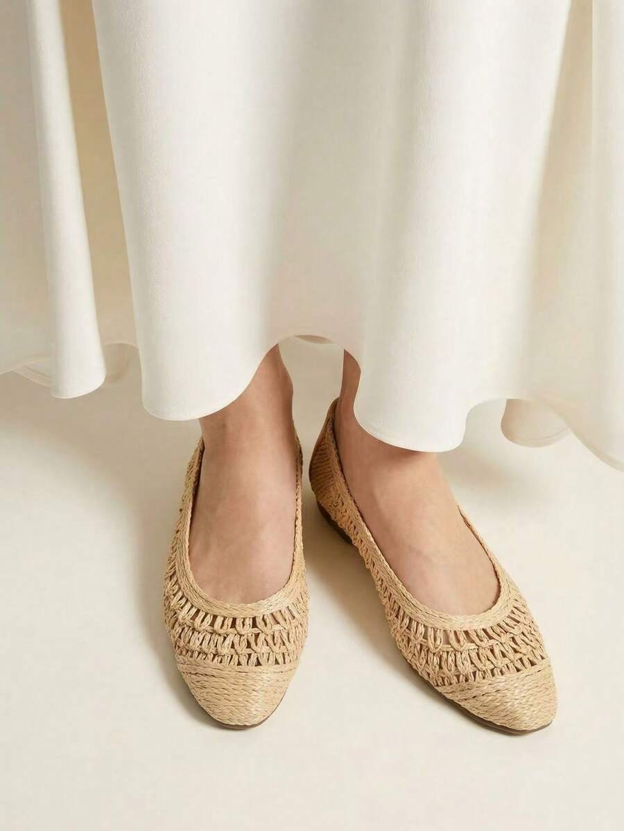 Casual Versatile Comfortable Simple Solid Color Knitted Women Flats - Beige - View 1