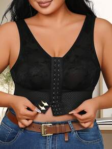 1pc Solid Color Casual-Sports Knit Material Front Button Lace Back Waist Tie Hollow Out Breathable Vest - Black - View 4