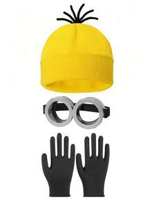 3 pièces Ensemble bonnet tricoté jaune + lunettes + gants noirs, convient pour Halloween, Noël, cosplay, la Saint-Valentin, les représentations sur scène, les fêtes, Pâques, le carnaval - Multicolore - Voir 9