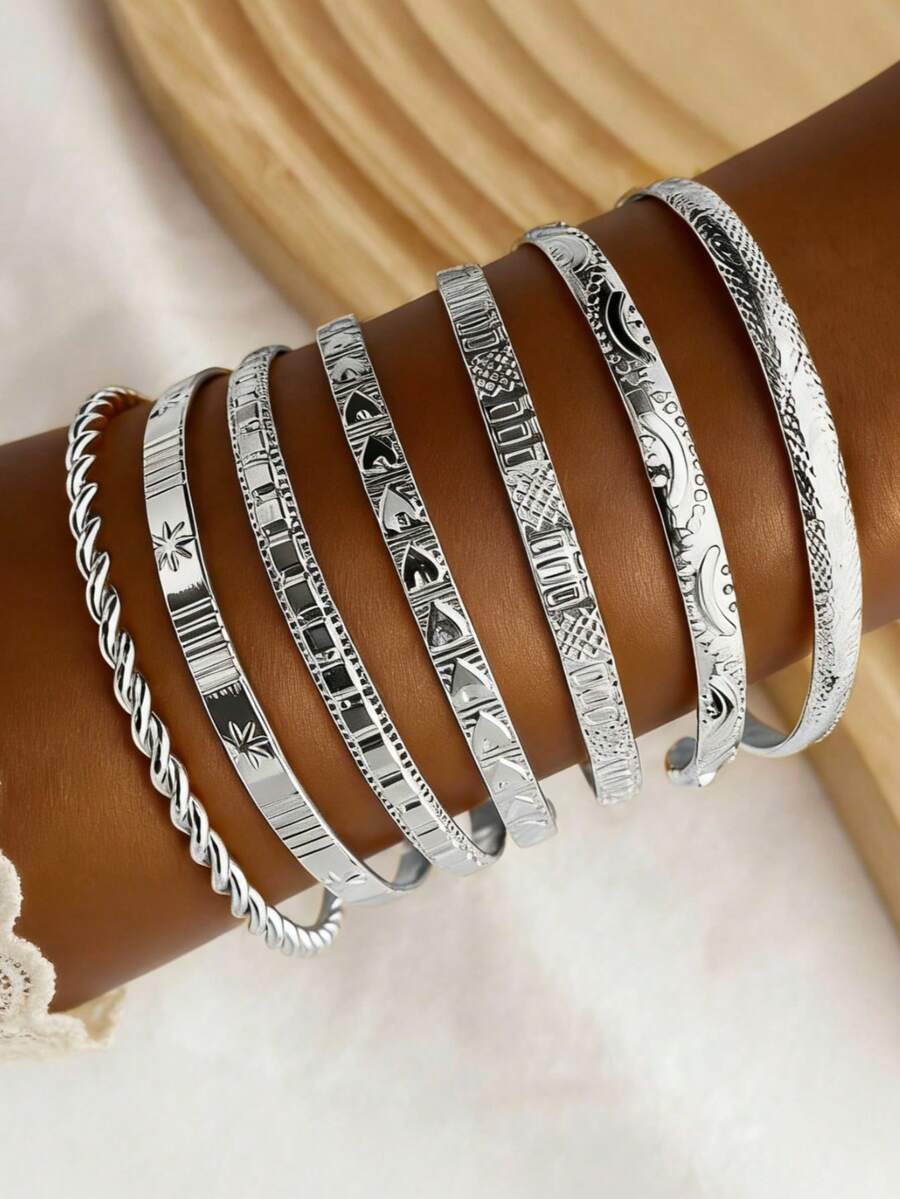 7pcs/Set Exaggerated Personalized Hammered Hexagram Twist Open Bangle Bracelet - Silver (7pcs) - View 1