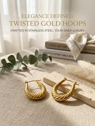 1pair Vintage Elegant 18K Gold Plated Stainless Steel Twisted Ribbed Textured Teardrop Hoop Earrings For Women, Earrings For Daily Wear, Office, Work, Party, Wedding Guest, Vacation, Date Night, Anniversary & Birthday Gift
