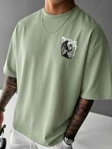 Zrgoth Men's Casual Versatile Minimalist Angel Sculpture Dark Portrait Print Element Short Sleeve T-Shirt - Mint Green - View 3