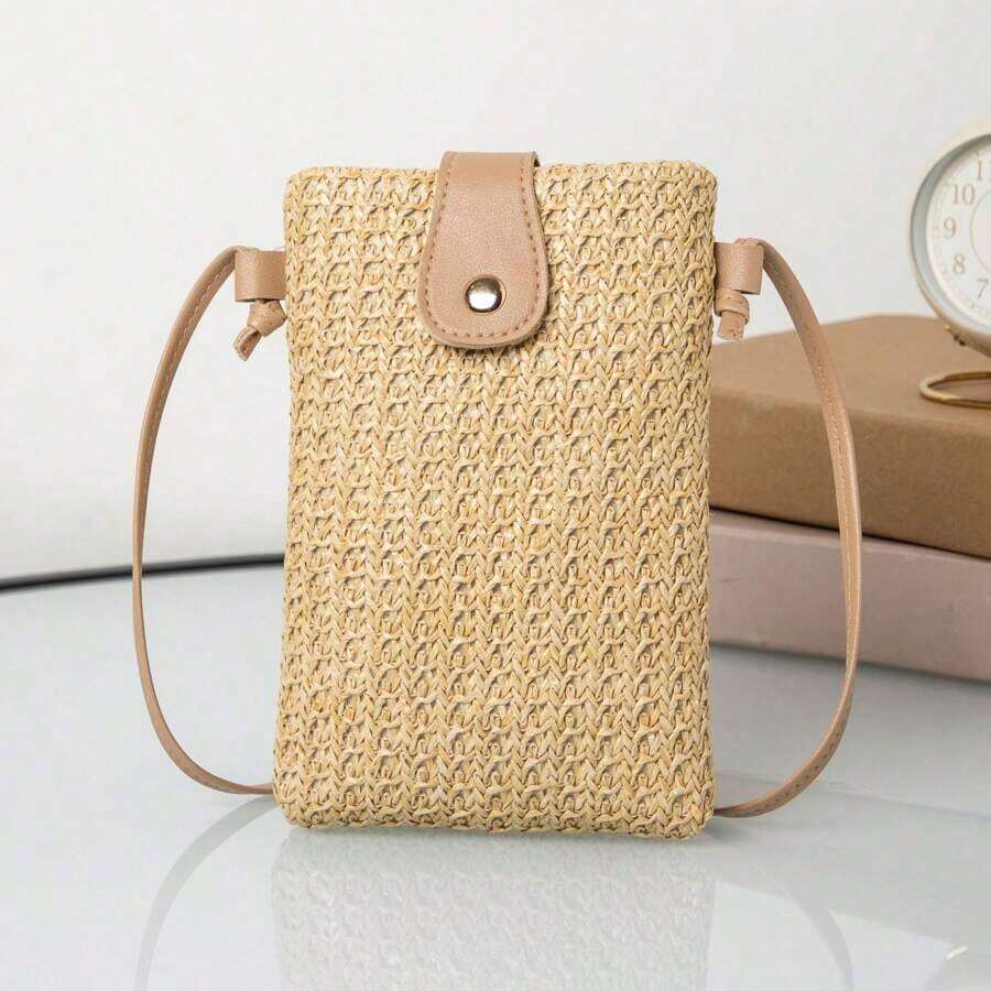 Fashionable Woven Grass Mobile Phone Bag Crossbody Bag, Eye-Catching Beach Bag Summer, Summer Straw Beach Bag For Women, Fashion Summer Vacation Bag, Beach Essentials Women Bags For Vacation & Holiday, Newest Holiday Bag , Beach Bag, Woven Bag - Màu Khaki - Xem 1