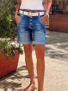 Women's Solid Color Cuffed Elastic Fitted Waist Buttoned Front Knee Length Denim Shorts, Summer Casual Vacation - Medium Wash - View 3