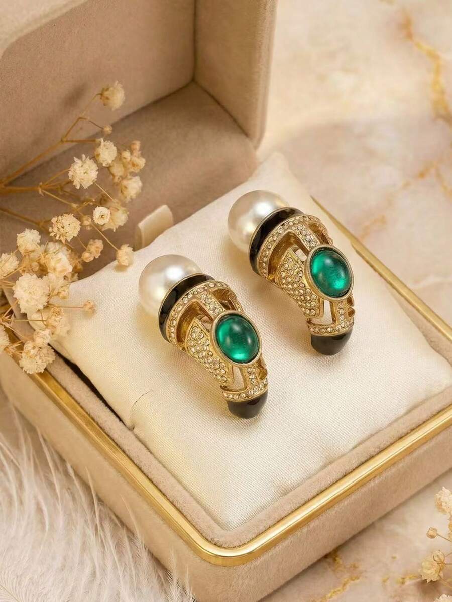 1 par de pendientes de estilo de corte vintage con gemas verdes para mujer, pendientes huecos de perla y oro retro, pendientes de botón de lujo tipo esmeralda, accesorios para vestidos de banquete - Multicolor - Ver 1