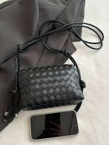 Minimalist Solid Color Mini Woven Texture PU Camera Bag, Portable Crossbody Bag, Suitable For Women - Black - View 3