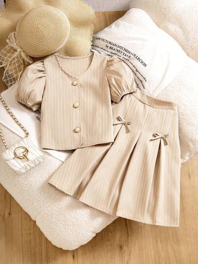 Toddler Girls' Striped Casual Puff Sleeve Top + Skirt Set, Elegant V-Neck Button Design, Sweet Bow Decor, Suitable For School, Formal Occasions, Family Gatherings, Festivals