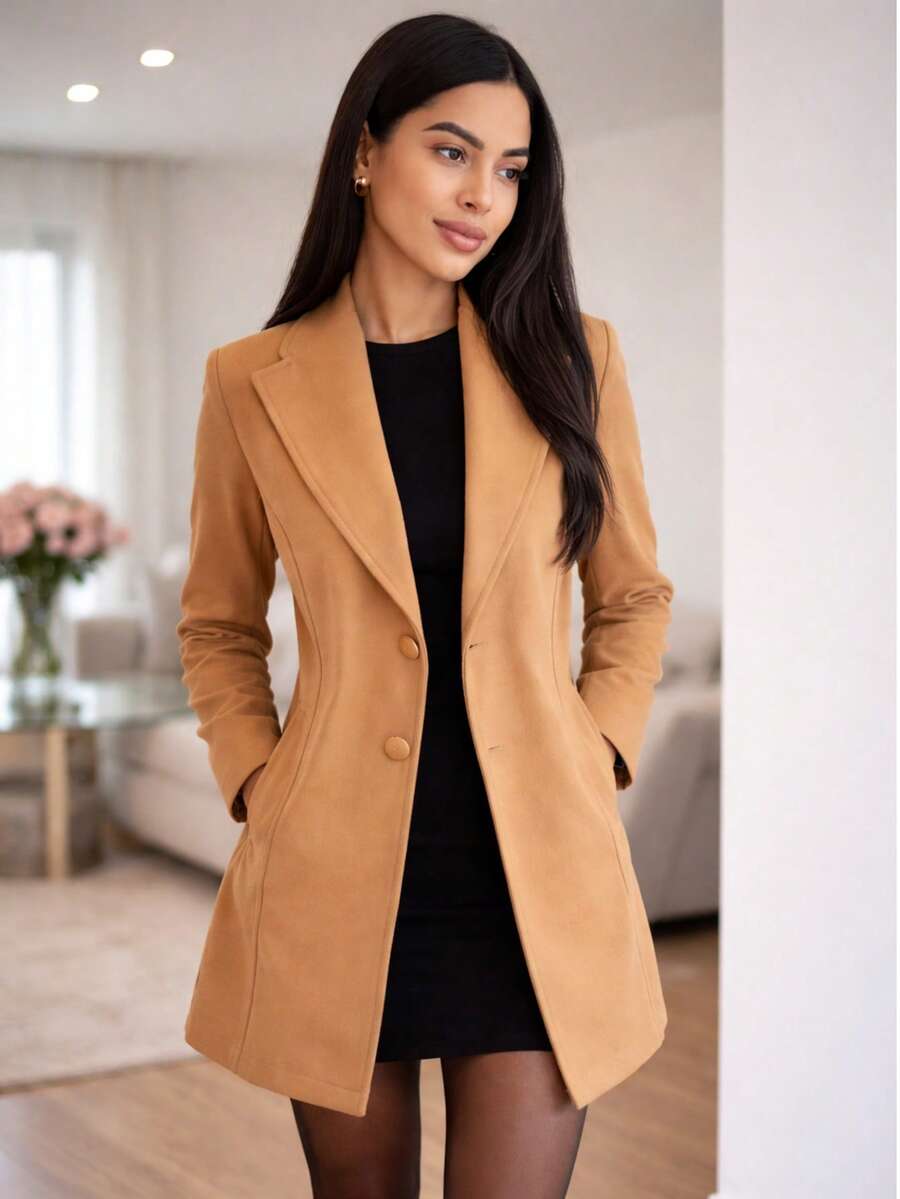 Women's Overcoat, Boiled Wool, Warm, Thick, Elegant For Cold Weather Winter - 駝色 - 查看 1
