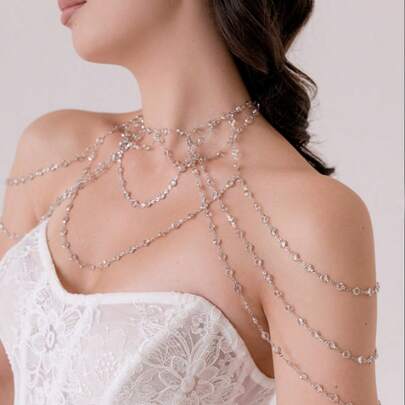 1pc New Multilayer Tassel Shoulder Chain, Minimalist Luxury Crystal Body Chain, Elegant Bridal Wedding Gown Evening Dress Accessory