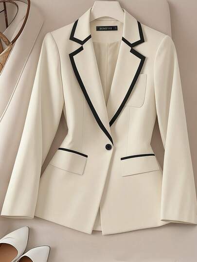 HOMEYEE Áo blazer cổ bẻ tay dài phối màu cổ điển thanh lịch thường ngày phù hợp đi làm, đi nghỉ mát, công sở, chuyên nghiệp, áo khoác mùa xuân