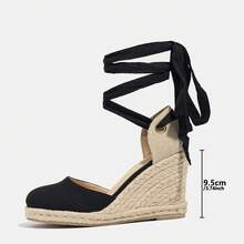 Bohemian Nightclub Style Criss Cross Lace Up Vacation Sandals Women's High-Heeled Wedge Espadrilles 2026 New Summer Lace-Up French Chunky Heel Fisherman Closed Toe Hollow Shoes Black - 黑色 - 查看 4