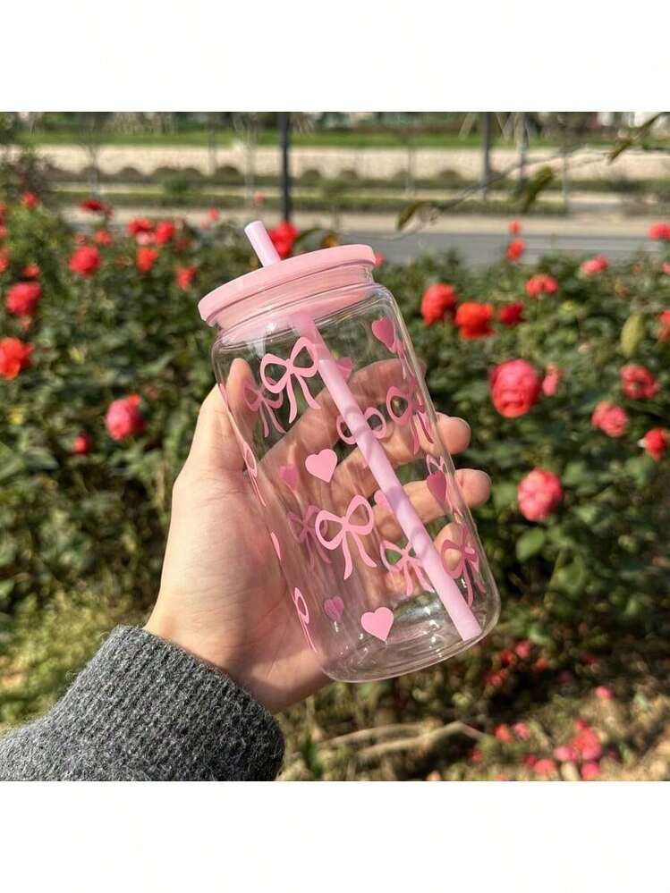 1pc Stylish 16oz Pink Bow Plastic Cup With Lid And Straw, Perfect For Iced Coffee, Milkshakes And Other Drinks. Ideal Gift For Women And Sisters, Suitable For Office, Home Office, Back-To-School Season And Students. - Pink Daisy Bow - View 5