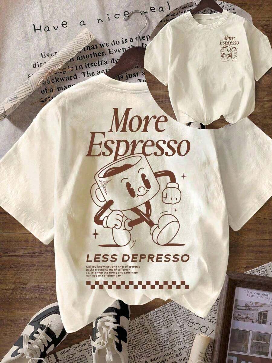 Camiseta de manga corta de cuello redondo informal con gráfico del Club de Café Espresso para mujeres en verano-Vintage Street Style Unisex Loose Cotton Short Sleeve Crew Neck T-Shirt - Blanco - Ver 1