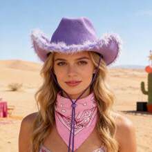 Adjustable Chin Strap Cowboy Hats Cowgirl Hat With Scarf For Women Girls Cowboy Costume Theme Party - 紫色毛邊 - 查看 3