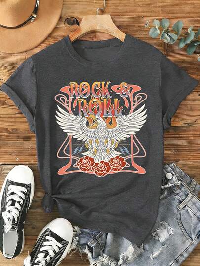 Playera para mujer Rock & Roll con águila y rosas,camiseta de algodón blanco estilo rockero,estilo vintage bohemio para mujeres,camiseta oversized cómoda para uso diario,ropa de moda rock and roll para salidas y conciertos