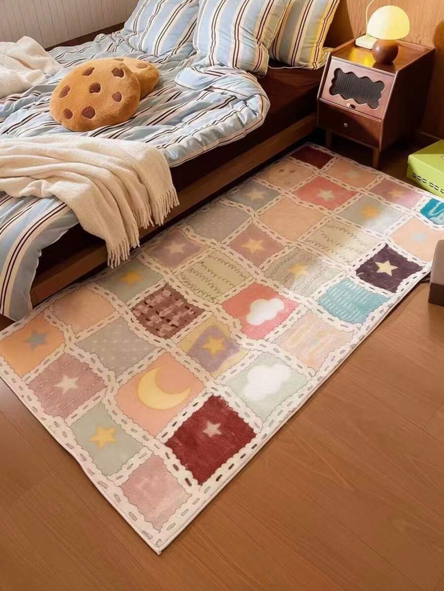1pc Spring/Summer New Item, Dopamine Patchwork Star & Moon Long Bedside Rug, Absorbent Soft Skin-Friendly Carpet, Spring Bestseller Decor Mat, Decorative Rug, Bedroom Decor, Small Rug, Carpet, Home Decor, Living Room Rug, Small Living Room Rug, Bedroom Rug, Living Room Home Decor, Outdoor Rug, Washable Carpet - Multicolor - View 1