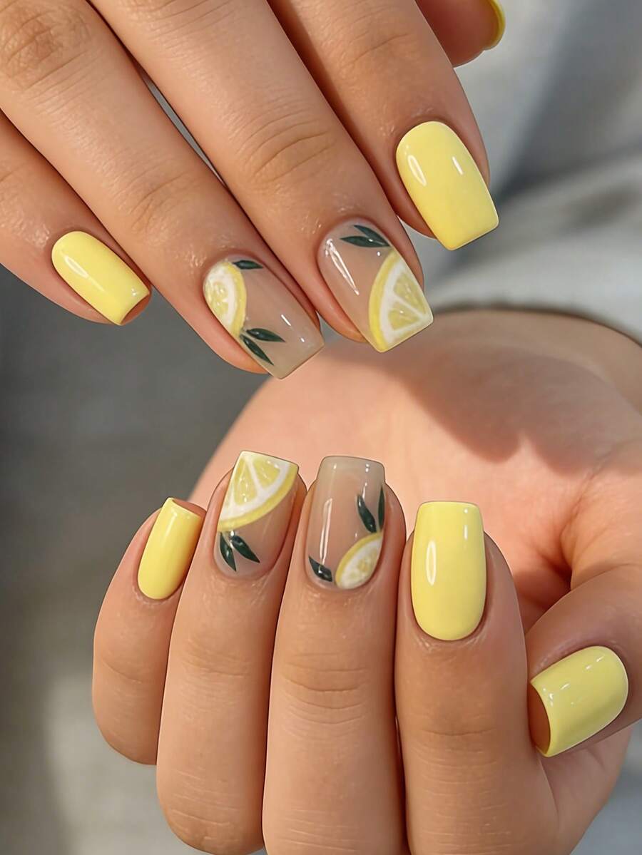 24pcs Summer Elegant Glossy Lemon Yellow & Green Leaf Stripe French Manicure False Nails, Fashionable & Versatile For Dates, Parties, Spring/Summer, Autumn/Winter Daily Wear, Removable Press-On Nails Set With Jelly Gel And File Included, Random Jelly Gel Color - Yellow - View 1