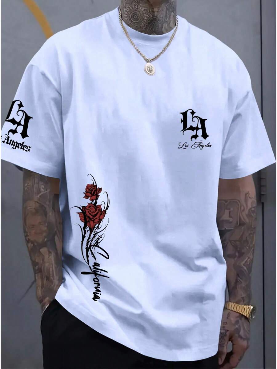 Camiseta minimalista azul claro para hombre, estilo europeo y americano, con logotipos de "Los Angeles" y "California" + letras góticas "LA" + rosa roja, ajuste cómodo, tela suave, disponible en varias tallas, enviada desde México. - Colores mixtos - Ver 1