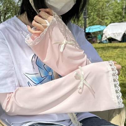 1 Pair Lace Bow Decor Arm Sleeves, Versatile Solid Color Sun Protection Sleeves For Driving