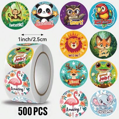 JOERBABU the little kangaroo Bobbie 500pcs/Roll Cartoon Animal Decorative Stickers, 2.5cm Round Self-Adhesive Labels, Suitable For Kitchen Storage Jars, Baking Sweets Bags Sealing, 10 Minimalist Patterns, Practical &