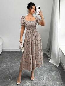 Women's Spring/Summer Square Neck Pleated Short Sleeve Ruffle Hem Maxi Dress, Featuring Small Ditsy Floral, Suitable For Casual Daily Life, Work, Travel, Beach, Bohemian, Western, Music Festival, Countryside Style - 摩卡棕 - 查看 4