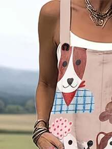 Cartoon Dog Print Women's Adjustable Strap Overalls, Polyester Fabric, Lightweight & Breathable, Women's Clothing, Regular Women's Clothing, Women's Jumpsuits & Rompers, Women's Jumpsuit, Women's Plus Size Jumpsuit - 彩色 - 查看 3