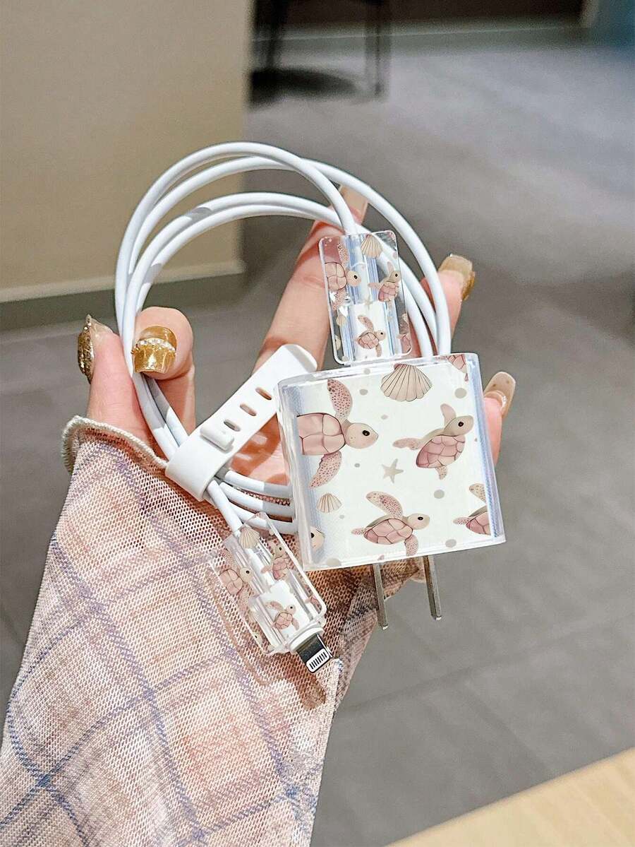 极简主义苹果充电器保护套，海龟图案，适用于20W 15充电线、16 Pro Max手机数据线、13/14 Plus手机，防止弯折和啃咬。 - 彩色 - 查看 1