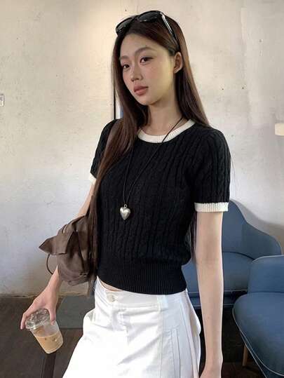 撞色休闲夏季短袖女针织衬衫