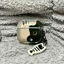 Cute Black Cat Pattern Earphone Protective Case, Suitable For AirPods 1/2/3/4/Pro/Pro 2 And New Pro 3, With Fish Bone Pendant - Black - View 9