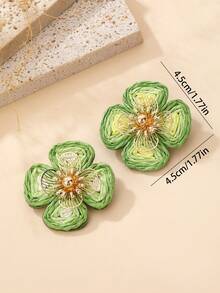 1 Pair Handmade Bohemian Raffia & Metal Hollow Floral Bicolor Earrings, Naturalistic Style Suitable For Beach Vacation, Music Festival, Party, And Daily Wear - Green - View 3