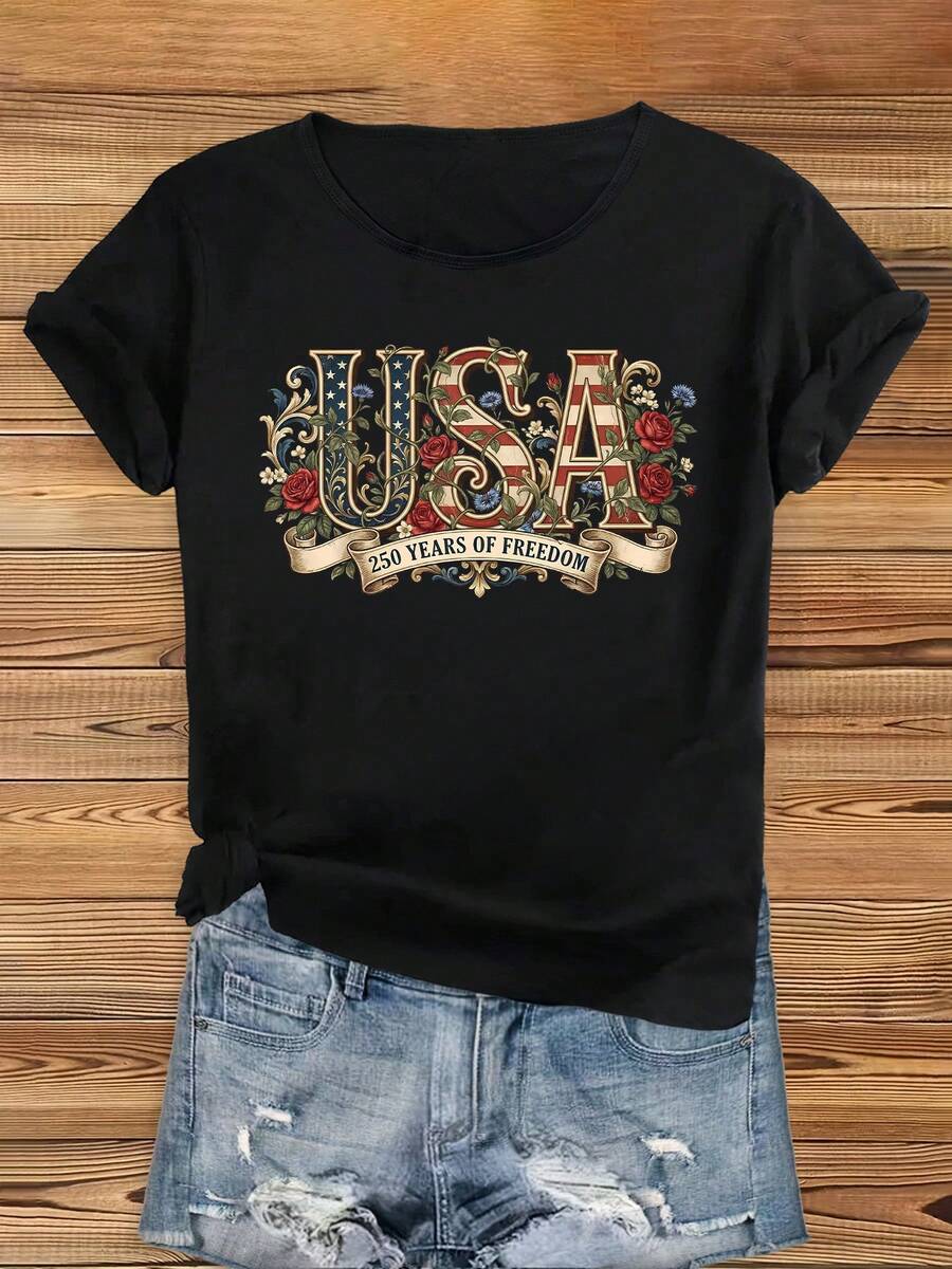 Independence Day USA 250 YEARS OF FREEDOM Floral Pattern Beautiful Fashion Elegant Party Elastic Cute Sports Gift Soft Machine Washable Home Casual Round Neck Short Sleeve T-Shirt Summer Pure Cotton - 黑色 - 查看 1