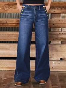 Celana Jeans Kasual Slim Straight Wanita Model Baru dengan Banyak Kancing, Bahan Denim Berkualitas Tinggi untuk Musim Semi - Medium Wash - View 5