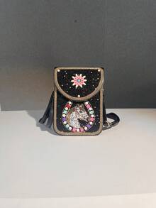 Nueva Bolsa de teléfono con cuentas de caballo negro, todo en uno para teléfono/llaves/lápiz labial/pañuelos, diseño de cuentas con efecto 3D inspirado en el desierto, versátil para salidas y compras, hecho a mano exquisito y práctico, bolso cruzado ultradelgado con bolsillos duales - Negro - Ver 2