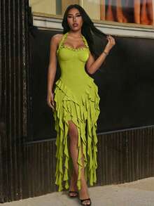 Jellyfish Ruffle Halter Sexy Dress, Graduation Gown - Green - View 7