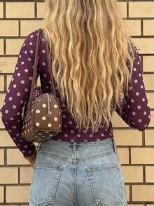 Women's Fitted Polka Dot Knit Top - Vintage Boat Neck Long Sleeve Blouse, Spring/Summer - Burgundy - View 6