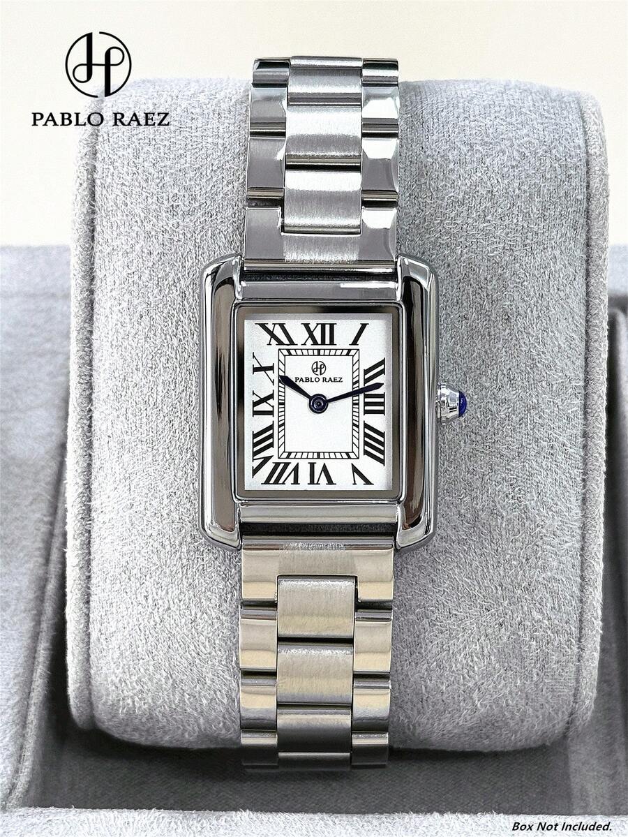 Pablo Raez 1件經典女款手錶 不鏽鋼銀色 高品質原裝迷人奢華時尚手錶 優雅新款復古女款長方形華麗設計石英手錶 可調白色錶盤 高品質女款熱門方形手錶 50M防水 實心厚重鋼鍊手鍊飾品 按鈕蝴蝶扣休閒羅馬數字顯示 可愛女款甜美手錶 適合朋友或家人 日常生活/工作/派對裝飾 生日畢業婚禮禮物