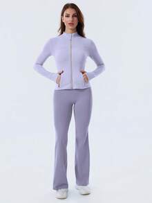 Women's High Stretch Slim Fit BBL Jacket Gold Zip Up Stand Collar Thumb Hole Activewear Top Multi Color Gym Workout Casual Wear - Tím nhạt Ether/Vàng - Xem 2