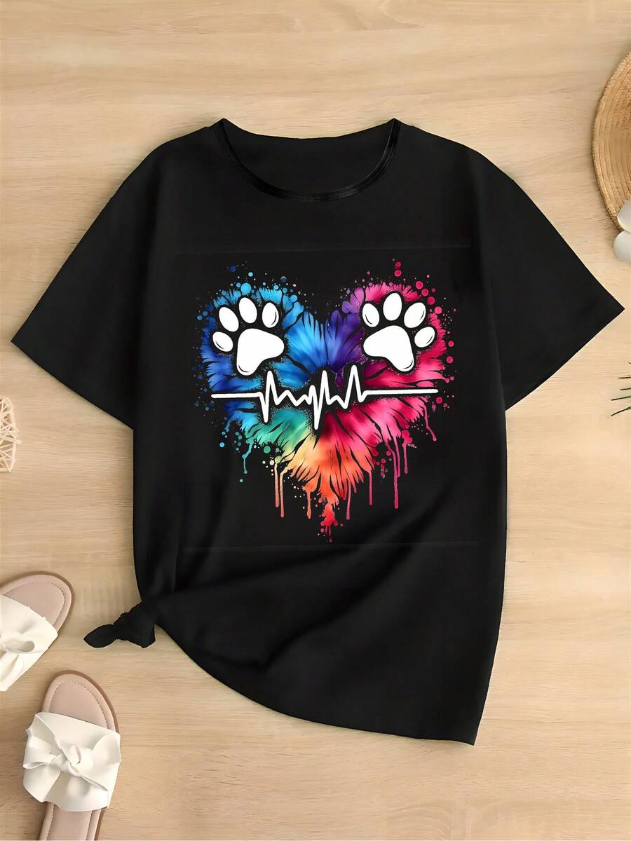 Camiseta de algodón de manga corta para mujer, top casual de manga corta para mujer con estampado gráfico de una pata y un corazón, hecha de un material suave y apto para lavar a máquina. - Negro - Ver 1