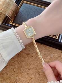 1pc Minimalist Thin Strap Watch, Fashion Elegant Gold Chain Style Wristwatch For Women, Suitable For Daily Decoration - Gold - View 3