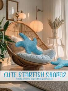 1pc Starfish Throw Pillow, Sofa Bed Decorative Cushion, Faux Fur Soft Pillow, Suitable For Bedroom, Living Room, Pillow Cover, Bedroom Decor, Outdoor Cushion, Garden Cushion, Create Summer Atmosphere - Blue - View 6